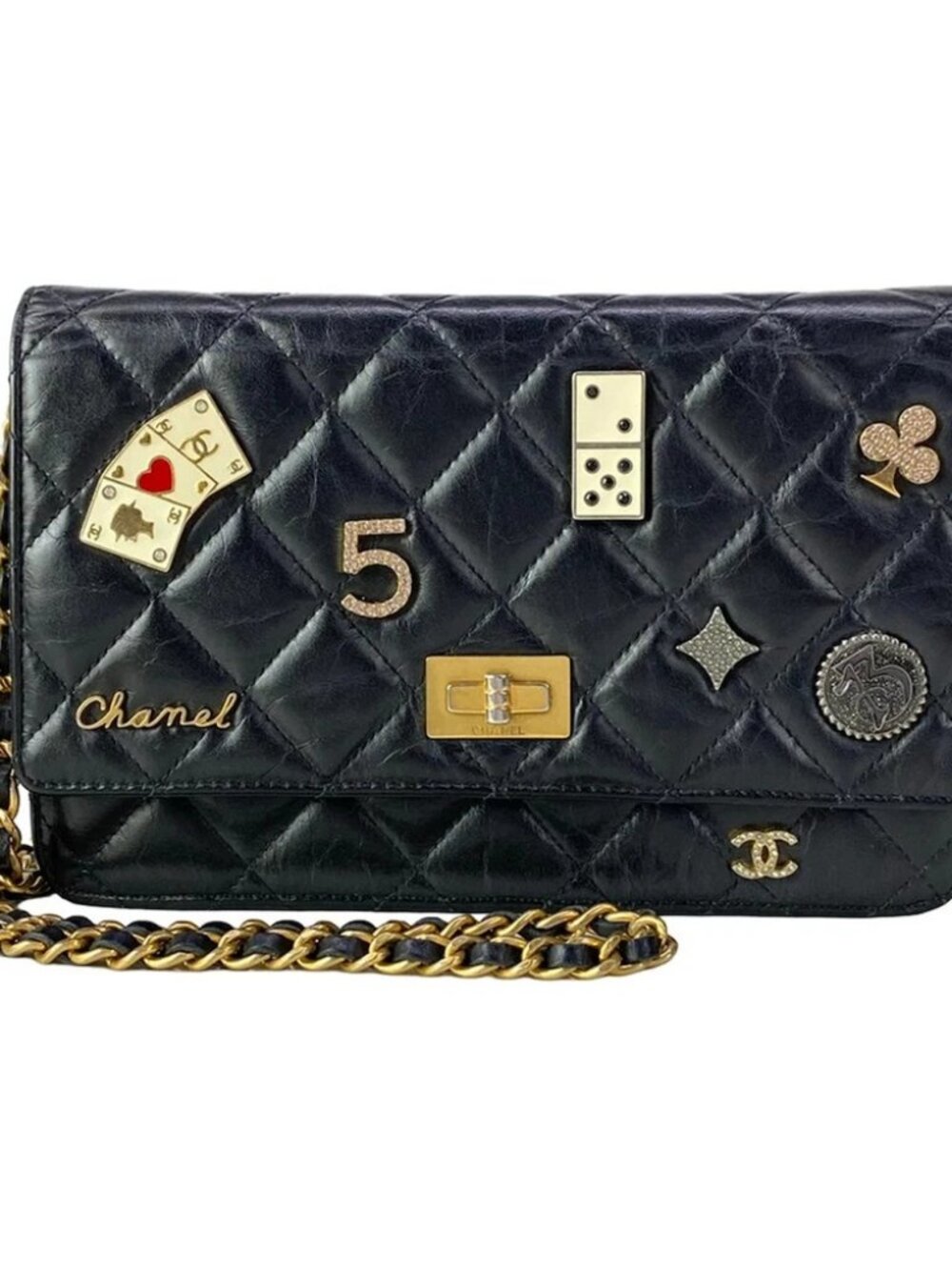CHANEL Icon Charm Black Vintage Calf Shoulder Bag gold hardware